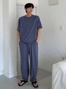 DAZY 1 Set Men's Summer Solid Gray T-Shirt And Pants Matching Pajama Set, Fall Winter Clothes - Blue - View 3