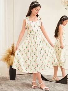 SHEIN Leap Crew Tween Girl Elegant Bowknot Decor Camisole & Skirt 2pcs Set - Apricot - View 5