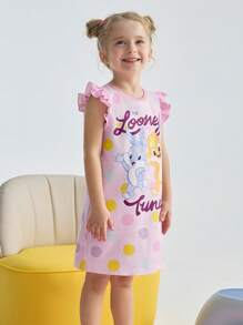 LOONEY TUNES X SHEIN Young Girl Cartoon Rabbit Polka Dot Print Knit Round Neck Contrast Color Flounce Cap Sleeve Flame Retardant A-Line Pajama Dress