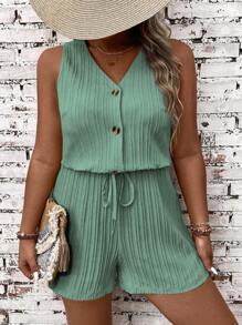 SHEIN LUNE Mono casual de talla grande sin mangas de unicolor - Verde - Ver 5