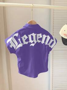 SHEIN 1 pieza Camisa de manga de murciélago con patrón de letras versátil, cómoda y casual para niños, apta para primavera y verano - Morado - Ver 5