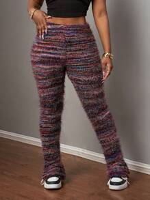 Slaydiva Pantalones de pierna acampanada con cintura elástica y tejido texturizado con abertura lateral, de uso casual en el hogar