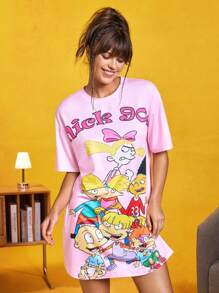 Nick 90s X SHEIN Women's Cartoon Figure Graphic Short Sleeve Nightgown