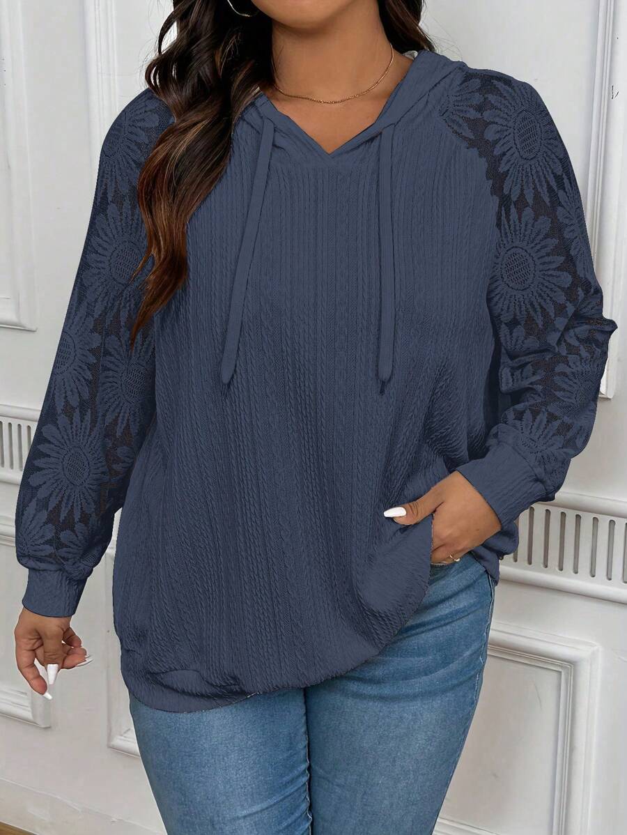 INAWLY Plus Size Women White Hooded Pullover Sweatshirt With Lace Trim, Autumn Graduation,Back To School,Graduation,Teacher,Back To School Fall Winter - Navy Blue - View 1