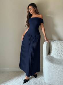 SHEIN ICON Homecoming Dress 1pc Off-Shoulder Solid Color Pleated Elegant Dress Navy Blue - Navy Blue - View 3