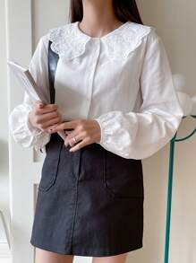 DAZY Lantern Sleeve Eyelet Embroidered Statement Collar Blouse,Long Sleeve Tops,Fall Clothes Preppy Tops - White - View 3