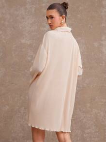 L'Amorae Elegant Commuting Solid Color Bell Sleeve Front Button Dress - Apricot - View 5