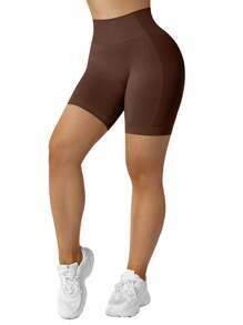Easithlete Women's Solid Color High Waist Seamless Elastic Sports Shorts - Brown - View 4