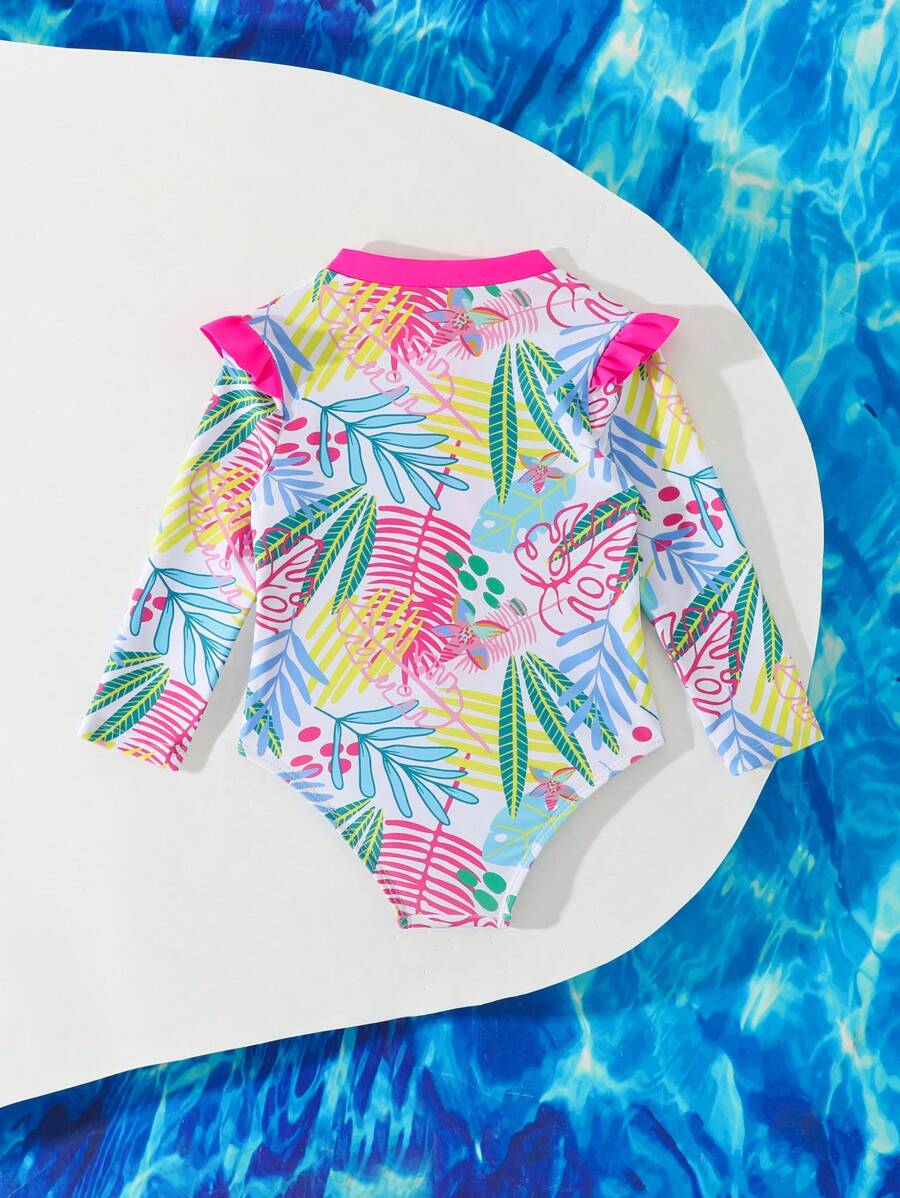 Traje de baño de una sola pieza con manga larga y cremallera, adecuado para niñas pequeñas en verano - Multicolor - Ver 1