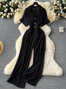 时尚高腰休闲西装领连体裤 - 黑色 - 查看 1