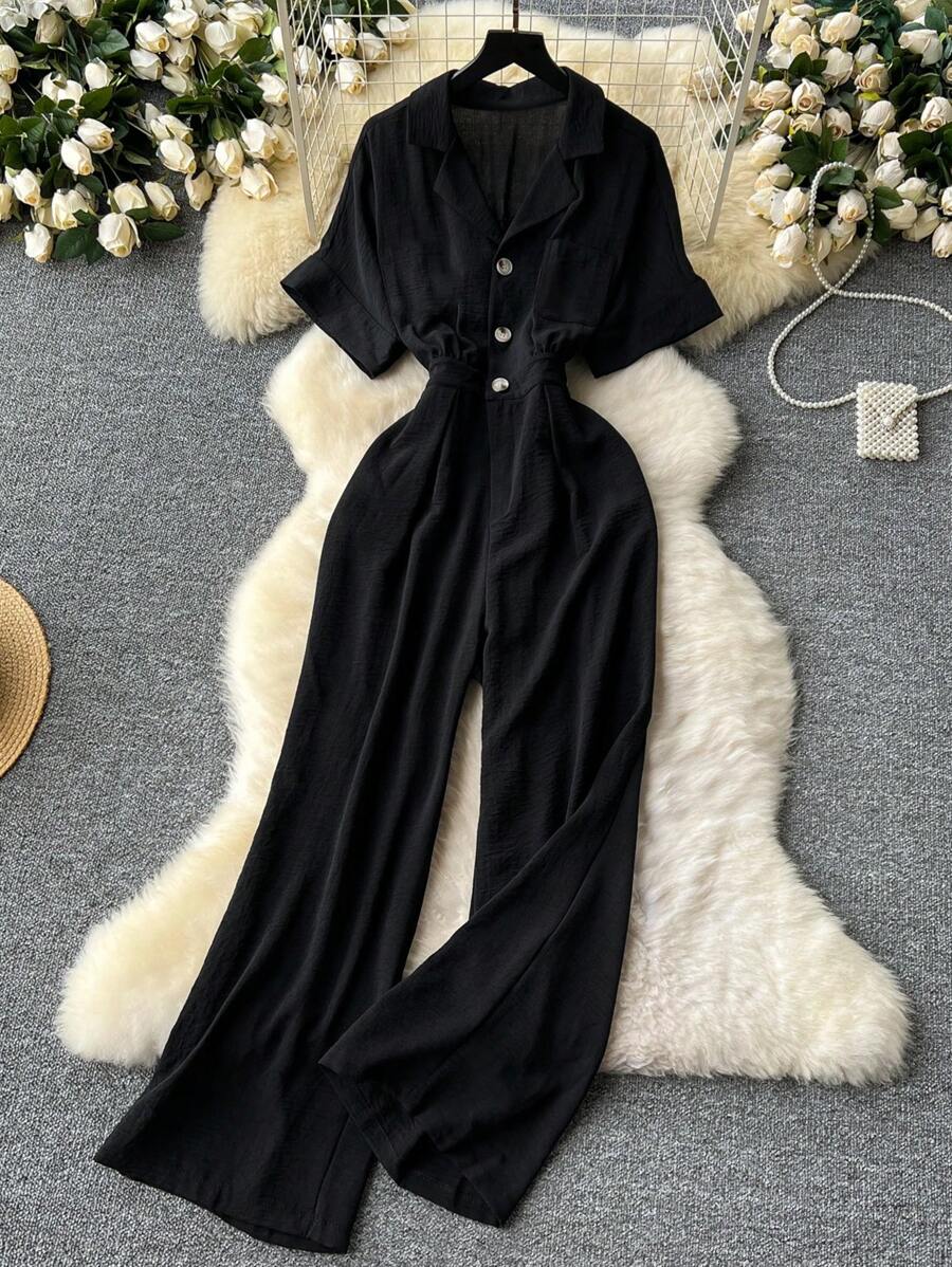 时尚高腰休闲西装领连体裤 - 黑色 - 查看 1