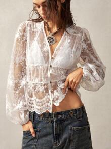 Bohemela 女士蕾丝边 V 领灯笼袖雪纺衬衫，适合夏季海滩度假