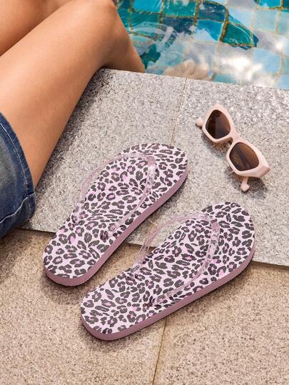 Grefit 女士时尚浅粉色性感豹纹透明闪光人字拖凉鞋，海滩度假居家拖鞋