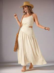 SHEIN VCAY Váy xếp nếp hở lưng buộc dây chéo cỡ lớn cho nữ - Màu Khaki - Xem 4