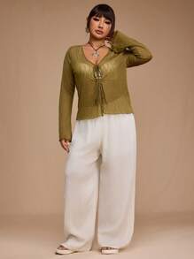 SHEIN Forever 21 夏季/乡村音乐会/乡村音乐会/茶会/优雅/音乐会/休闲女士/夏季/海滩/夏季/茶会/海滩度假/曲线沙滩装/夏季/海滩度假/加大女士绿色系带开衫罩衫 - 綠色 - 查看 6