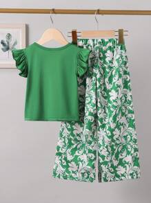 2 件套年轻女孩盖袖上衣和印花直筒裤套装，适合度假、外出和家居穿着 - 綠色 - 查看 2