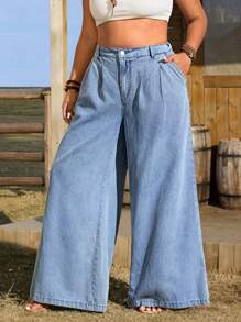 EMERY ROSE Plus Size Loose Fit Simple Fashionable Denim Jeans, Suitable For Summer - Blue - View 4