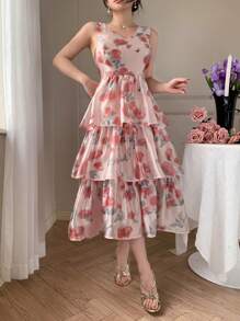 DAZY Vestido midi con cuello en V floral y sin mangas, con volantes, para mujer