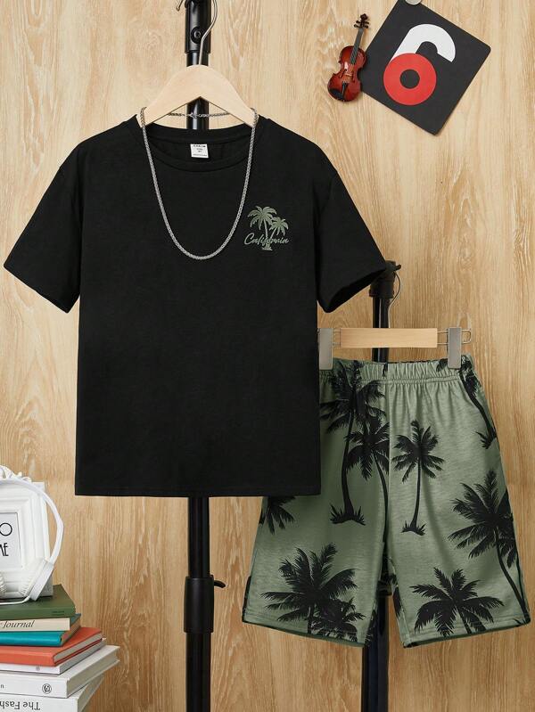 SHEIN Tween Boy's Casual Comfortable Printed Knit Two Piece Set