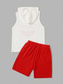 SHEIN Leap Crew Tween Boy Cartoon Graphic Hooded Top & Drawstring Waist Shorts - Red - View 2