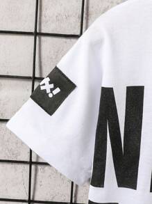 2pcs/Set Boys Letter Print Short Sleeve Top And Distressed Denim Jeans Outfit - Grey - View 7