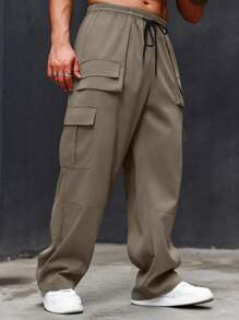 Manfinity LEGND Men's Plus Size Solid Color Drawstring Cargo Pants With Pocket, Casual Style, Black Cargo Pants Black Cargo Pants Menblack Cargo Pantsbaggy Cargo Pantsmen Pants Cargo - Khaki - View 4