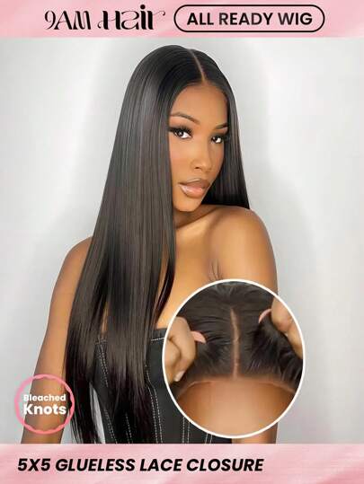 ALL READY WIG Pre Bleached Pre Plucked Pre-Cut Lace Melting Lace 5x5 Glueless Lace Closure Wig 100% Human Hair Silky Straight 9AM HAIR