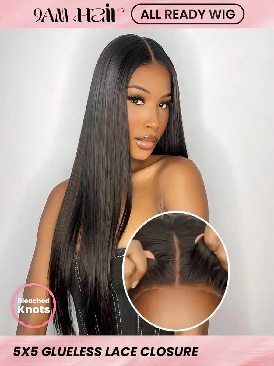 ALL READY WIG Pre Bleached Pre Plucked Pre-Cut Lace Melting Lace 5x5 Glueless Lace Closure Wig 100% Human Hair Silky Straight 9AM HAIR