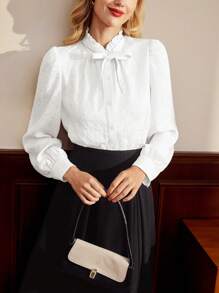 Vintamour 复古优雅女式玫瑰提花荷叶边系带长袖衬衫办公室服装情人节长袖上衣女士情人节衣服情人节 - 白色 - 查看 3