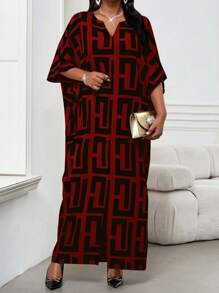 SHEIN Lady CURVE 秋冬优雅休闲工作派对棕色豹纹V领开衩蝴蝶袖女装连衣裙