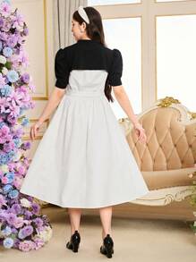 少女优雅黑白经典夏季拼接珍珠羊腿袖腰带短款连衣裙二合一可爱公主风 - 淺藍色 - 查看 2