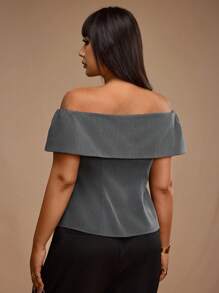 Forever 21 Plus Size Women Fairy Off Shoulder Lapel Blouse, Simple Commuting Office Wear, Spring - Grey - View 2