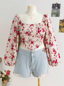 SHEIN WYWH 大码女式方领复古花卉印花灯笼袖衬衫，适合假期、秋冬季 - 彩色 - 查看 1