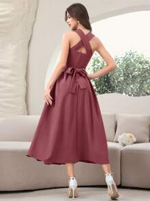 Modelyn Women's Solid Backless Purple Dress, Elegant Sleeveless Long Evening Dresses