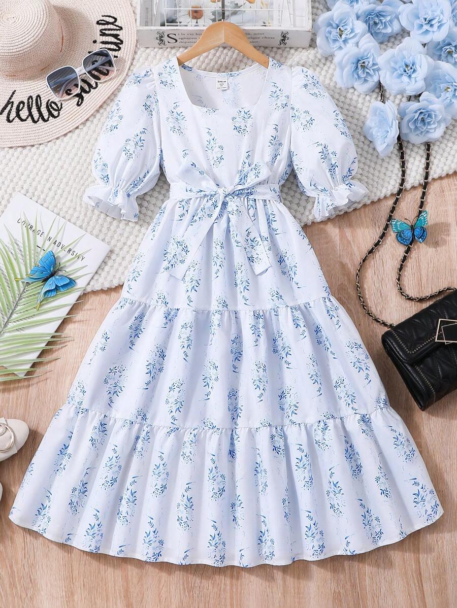 SHEIN Rochie de vară pentru fete Tween, cu gât pătrat, la modă simplă, cu mâneci scurte