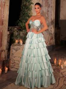 Glamrae Elegant Light Green Shiny Satin Bustier, Waist Sequined Mesh Sheer Insert, Tiered Ruffles Mermaid Dress, Adjustable Back Tie, Formal Gown, Wedding Guest Dress, Party Dress, Evening Dress - Green - View 4