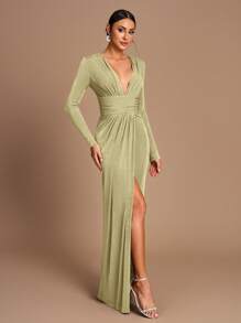 SHEIN Belle Vestido de dama de honor de punto de manga larga, con corte recto, abertura lateral y cintura fruncida, en un elegante y romántico color café