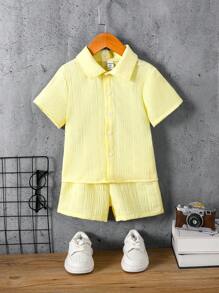 SHEIN Effen poloshirt met kraag en korte broek voor jonge jongens, set van 2 stuks, zomer
