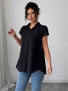 Elenzga 女式不对称下摆斗篷设计衬衫，2025 年新品系列 - 黑色 - 查看 6