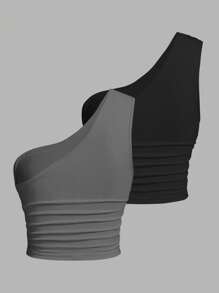 SHEIN EZwear Two-Piece Set Women's Knitted One-Shoulder Top, Black And Grey - Grey - View 2