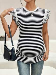 SHEIN Maternity Striped Round Neck Ruffled Sleeve Casual Versatile T-Shirt - Black and White - View 4