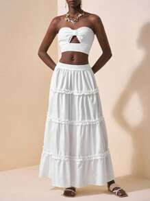 Slaydiva 新款春夏休闲度假性感优雅裹胸桃心领前镂空短款上衣+多层耳边拼接短裙长裙白色女两件套-B - 白色 - 查看 7