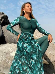 Swim Mulvari 1pc Women's Conservative Full Coverage One-Piece Swimwear, Tie-Dye Color Block, Green-Based, Suitable For Vacation - Multicolor - View 5