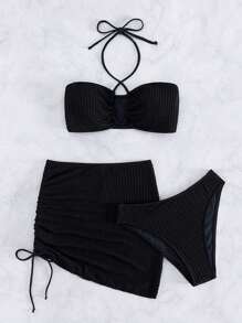 Swim Vcay Bộ đồ bơi tách biệt với áo cổ yếm màu trơn, quần tam giác và váy sarong - màu đen - Xem 2