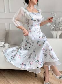 Modelyn Đầm lưới cổ vuông in hoa tay dài cho nữ, thanh lịch - trắng - Xem 3