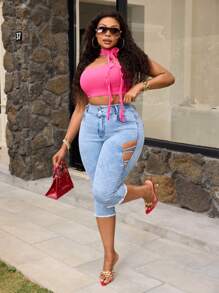 SHEIN SXY Plus Size Women's Stretch Denim Jeans, Leg Criss-Cross Hollow Design, Skinny Slim Fit Capri Pants - Light Wash - View 2