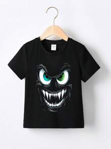 Young Boy Monster Face Graphic Short Sleeve Round Neck Funny Black T-Shirt - Black - View 2