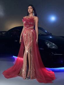 Váy đuôi cá vải sequin ngọc trai sang trọng thanh lịch, lưới bồng bềnh rộng rãi thích hợp cho đám cưới, tiệc tùng, vũ hội, váy dạ hội (trang trí đậm), trang trọng, váy dài, cho khách dự tiệc cưới - Đỏ - Xem 4