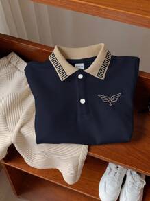 SHEIN 2pcs/Set Young Boys Classic Embroidered Design Polo Shirt & Sports Shorts, Casual Outfit - Navy Blue - View 6