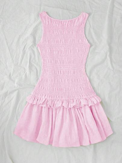 Flirla Soft Pink-Color Flounced Hem Mini Dress Picnic Going Out Summer Cute